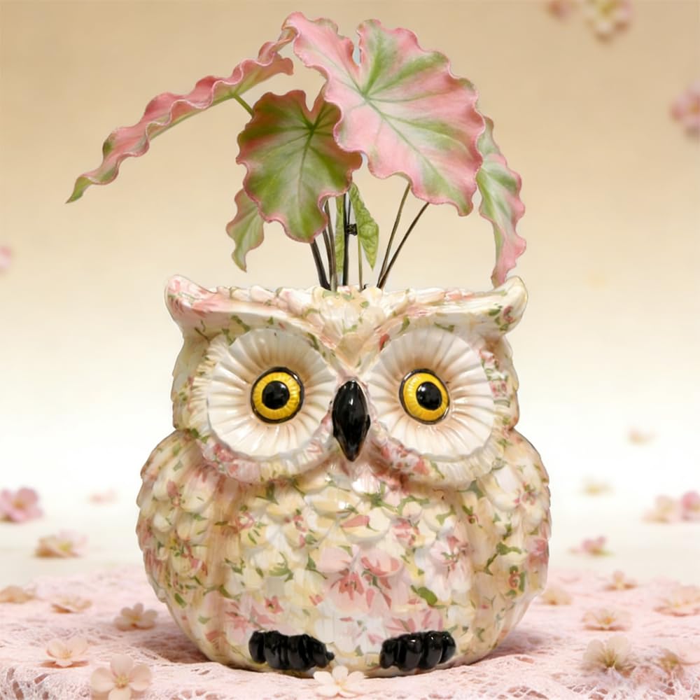 Pink Owl Planter, Cute Owl Statue Decor, Succulent Plant Pots, Decorative Flower Pot, Animal Bird Planters, Indoor Plant Pot for Home Garden Windowsill, Funny Gifts for Smart Women Mother Teacher
