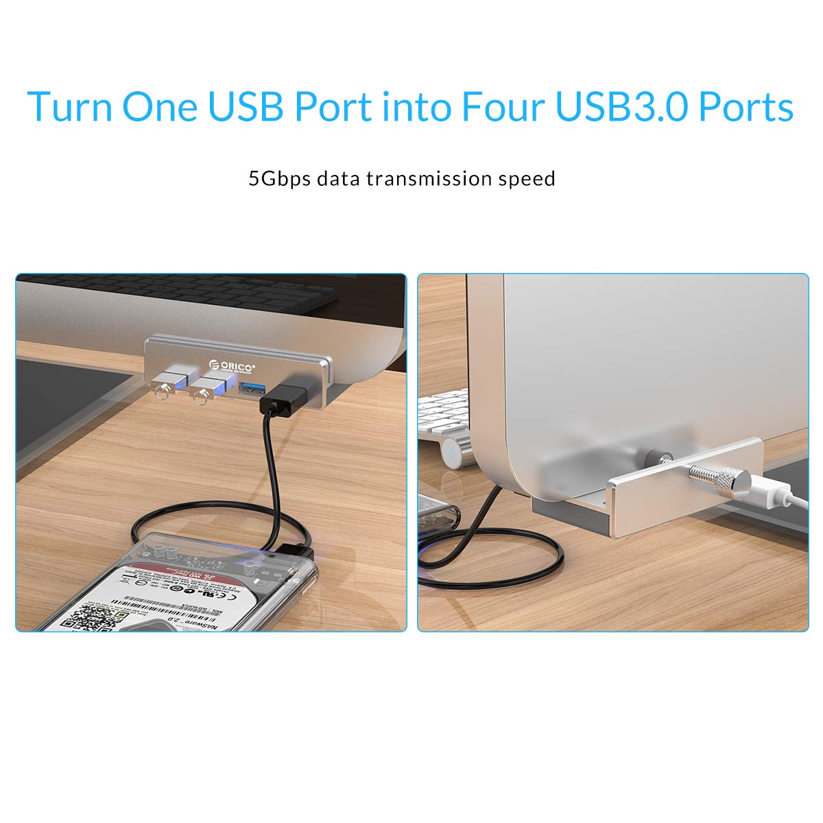 ORICO USB 3.0 Hub, USB Hub Clamp, Aluminum 4-Port USB Splitter with Extra Power Supply Port and 4.92 FT USB Data Cable, Desktop Powered USB Hub for Monitors/Desks-Black (Without Power Adapter)