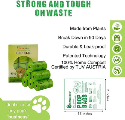 OrangeBio Dog Poop Bags, 100% Certified Home Compostable, 13 x 9 Inches - 180 Count (15 Bags per Roll, 12 Rolls), Unscented, OK Compost Home Certified