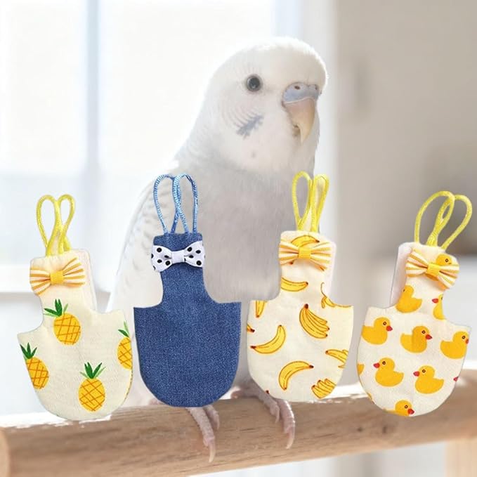 4pcs Bird Diaper Cute Printed Parrots Flight Suit with Bowknot Parrot Nappy Reusable Pigeon Pants Cockatiel Clothes for Parakeet Mini Macaw Budgie Canary - S