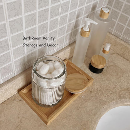 BEECO GIF2U Decorative Glass Containers Canisters with Airtight Wooden Lids 2 PACK,Food Jar for Kitchen,Bathroom Bath Salts Decor Organizers Countertop Holder with Vanity Tray (Stripe Embossed, 23oz)