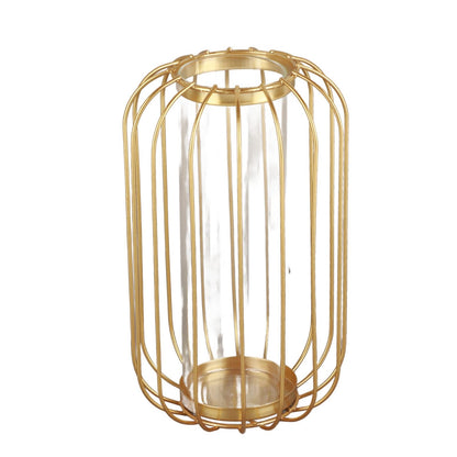 Yosoo Lantern Shaped Iron Vase, Simple Design Glass Hydroponic Terrarium for Plants, with Test Tube Glass, Fits Home Office Decoration (Champagne Gold Trumpet)