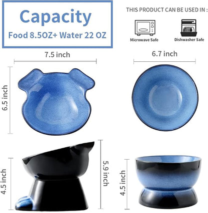 Nihow Dog Food & Water Bowls: Elevated Ceramic Bowls for Medium/Small Dog | Food Safe Raised Puppy Bowls - Vivid Blue Pet Bowl for Protecting Pet's Spine (Set of 2)