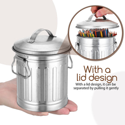 VILLCASE Mini Metal Bucket with Lid, 7.5" x 5" Small Garbage Can Trash Bin with Lid, Desktop Metal Rubbish Bin, Table Top Home Wastebasket for Countertop Office Silver Iron