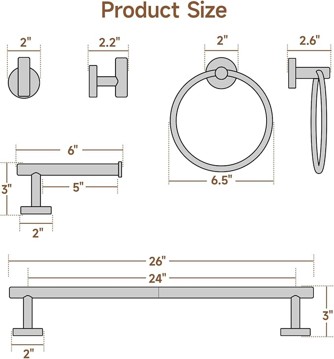 USHOWER Matte Black Bathroom Hardware Set, Modern 24-Inch Towel Bar Set Wall Mounted, Durable SUS304 Stainless Steel Bathroom Accessories Set, 8-Piece