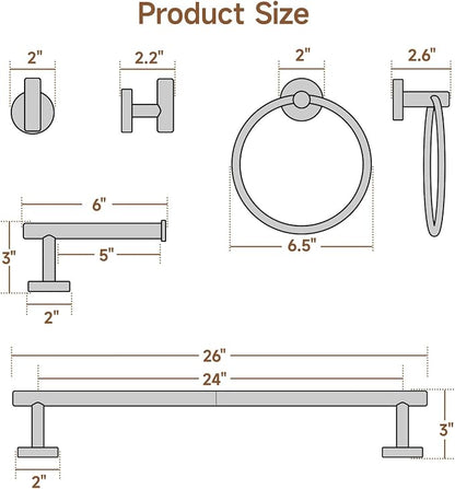 USHOWER Matte Black Bathroom Hardware Set, Modern 24-Inch Towel Bar Set Wall Mounted, Durable SUS304 Stainless Steel Bathroom Accessories Set, 8-Piece