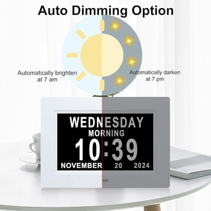 Johnziny 7 Inch Digital Clock with Day and Date for Elderly Large Display for Elderly Dementia Clock Customizable Alarms, 12 Alarms,4 Colors Display Digital Calendar Alarm Clock (White)