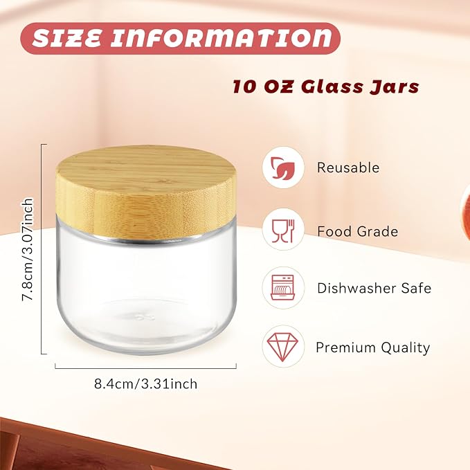 Wresty Empty Clear Glass jars with Airtight Lids Overnight Oats Containers Glass Food Storage Containers Glass Mason Jars For Yogurt Snacks Spice Sugar Jam And More (4 Pcs Bamboo Lids, 300ml/10oz)