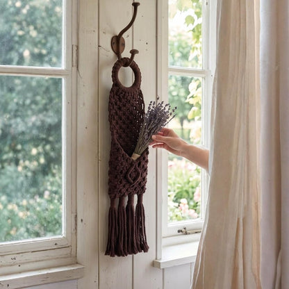Macravine 2-Pack Boho Phone Hanger on wall, Macrame Remote Control Hanging, Chic Home Decoration Crochet Hanging Organizer, Boho Key Holder 18"X3.5"(Brown+Beige)