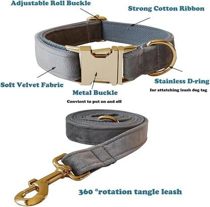 Love Dream Velvet Dog Collar and Leash Set, Soft & Comfy Adjustable Dog Leash and Collar with Heavy Duty Metal Buckle for Small Medium Large Dogs Training & Walking (XLarge, Grey)