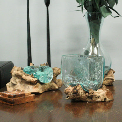 Melted Molten Glass on Teak Driftwood Rectangular Decorative Bowl, Vase, or Planter - Approximately 5.75 Inches High - Nature-Inspired Elegance for Home and Patio Terrarium