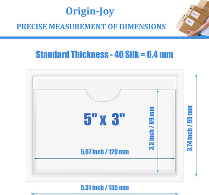 Origin-Joy 35 PCS Self Adhesive Index Card Pockets with Top Open, Clear Plastic Label Holder for Notes, Library and Business, Adhesive Label Pockets & Holder (5 x 3 inch)