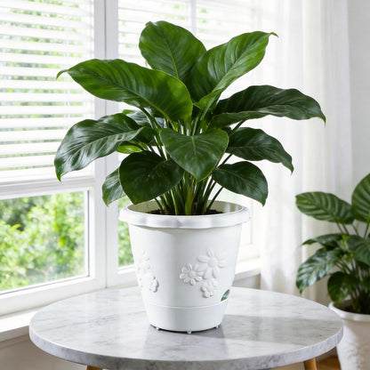 ULIKEIT 8 Inch Self Watering Pots for Indoor Plants, Set of 4 Plastic Planters with Drainage Holes and Saucers, Outdoor Flower Pots Home Garden Modern Decor (White)