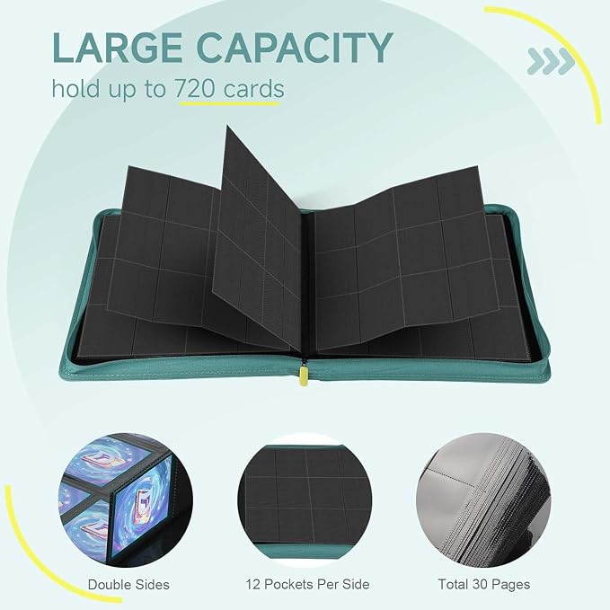 Trading Card Binder with Zip,12 Pockets Card Binder,720 Double Sided Pocket Card Collection Binder,Card Album Card Folder for MTG,TCG,Sports Cards,Game Cards,Green
