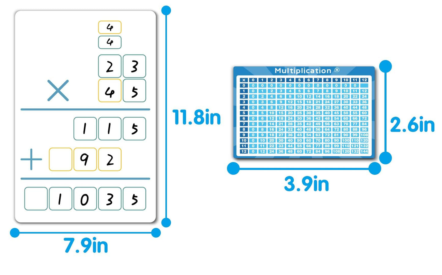 Set of Dry Erase Multiplication and Division Practice White Board, 8" x 12" 2-Digits Mathematics Board with a 4" x 2.5" Multiplication Chart Board for Kids Students, Classroom and Home