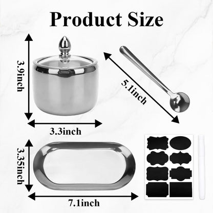 2-Pack 10 Oz Coffee & Sugar Dispenser Set with Tray - Sugar Bowl with Glass Lid & Spoon, Includes Label Stickers & White Marker | Coffee Bar Accessories for Beans, Salt, Brown Sugar Cubes (Silver)