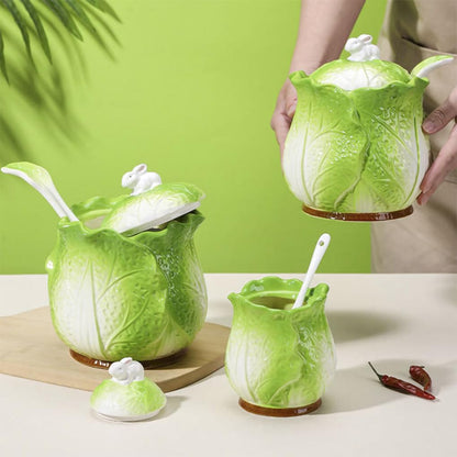 WAIT FLY Cabbage and Rabbit Ceramic Sugar Bowl with Lid and Spoon, Sugar Container, Sugar Jar for Kitchen Countertop, Coffee Bar