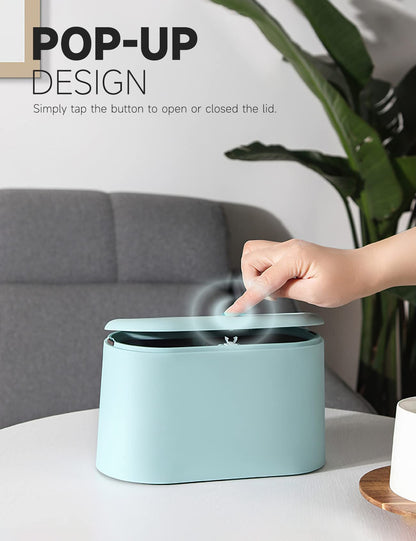 MONGTINGLU Mini Trash Can with Lid Removable Small Garbage Can, Tiny Plastic Trash Bin, Pop Up Countertop Wastebasket, Counter Garbage Lint Bin (Light Blue)