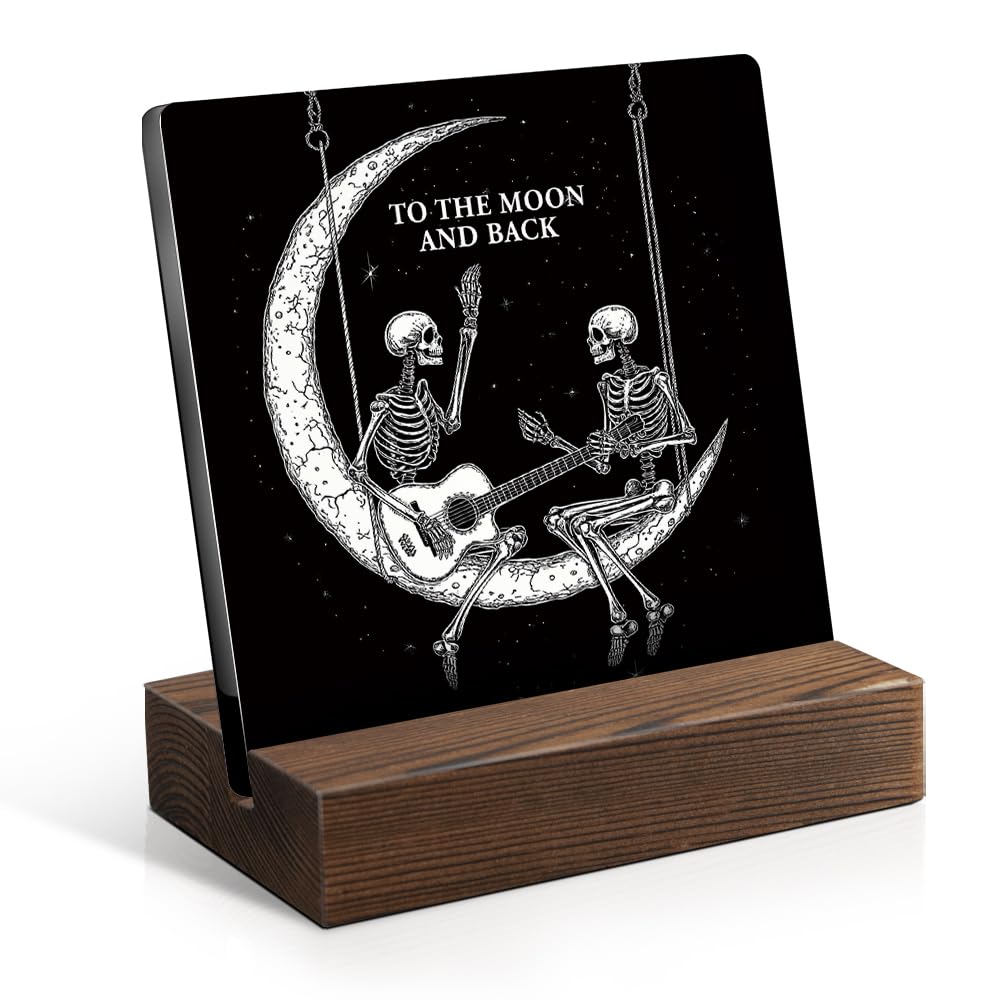 Juoqg To The Moon And Back Gothic Acrylic Sign with Wooden Stand, Couples Gifts for Girlfriend, Valentines Gothic Gifts for Women Men Wife Husband, Skeleton Couple Plaque Gifts