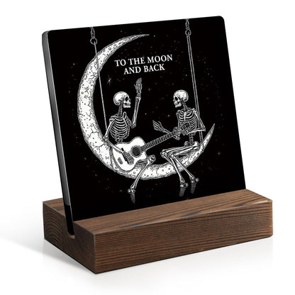 Juoqg To The Moon And Back Gothic Acrylic Sign with Wooden Stand, Couples Gifts for Girlfriend, Valentines Gothic Gifts for Women Men Wife Husband, Skeleton Couple Plaque Gifts