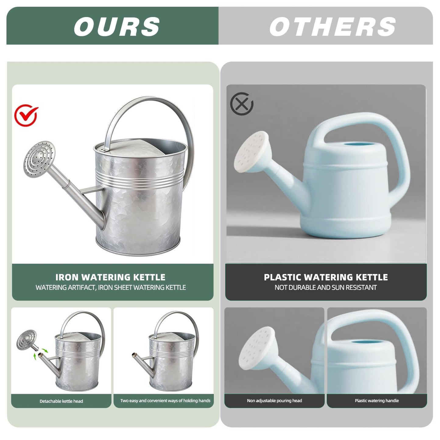 9.5L Metal Watering Can for Outdoor Garden, Galvanized Steel Large Watering Can Pot with Top Handle and Long Spout, Rust-Resistant Water Can for Flower, Lawns, and Farm Use