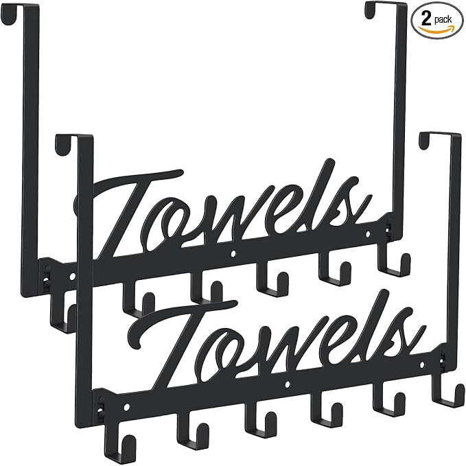 Azmoncy 2 Pack Over The Door Hooks, Towel Rack for Bathroom Towel Holder for Hanging Heavy Duty, Over Door Towel Hanger with 12 Coat Hooks for Bedroom Bathroom Kitchen Towels, Bag, Hats, Black