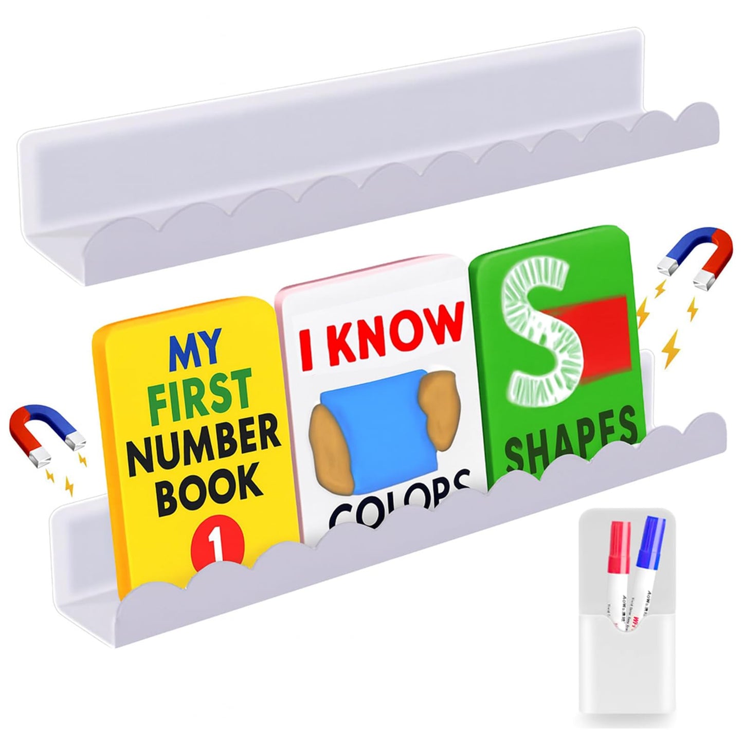 luniteling 2 Pack Magnetic Book Shelf for whiteboard,12.5LBS Holder Acrylic Scalloped Floating Shelves,16.73"x2.56"x2.76 Magnetic Floating Shelf for Classroom, Home & Office & Refrigerator Use(White)