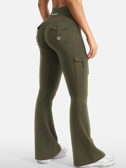 YEOREO CoreFlex Women Workout Flare Leggings with Pockets Hidden Scrunch High Waisted Cargo Gym Yoga Leggings Army Green M