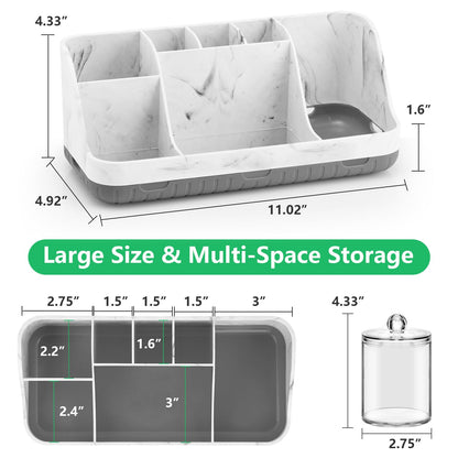 GFWARE Bathroom Toothbrush Holder Set with 2 Pack Qtip Holder Dispenser - Detachable 7 Slots Bathroom Accessory Set, Kids Marble Bathroom Sink Counter Set, Bathroom Essentials Decor, Grey