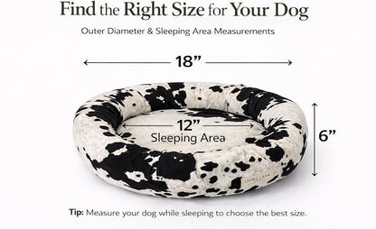 Round Dog Bed – Natural Canvas, Removable Washable Cover, Raw Cotton or Latex Fill, Hypoallergenic Non-Toxic, Made in USA (Cow Print Black White, X-Small, Firm Support – Raw Cotton)