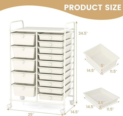 GOFLAME 15-Drawer Rolling Storage Cart, Craft Storage Cart with Removable Drawers & Lockable Wheels, Art Cart Supply Storage Organizer for Home Office Classroom, White