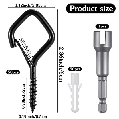50 Pcs Heavy Duty Screw Hooks with Safety Buckle, Metal Hanging Hooks for Plants Outdoor String Lights Wind Chimes Bird Feeders, Indoor Outdoor, Includes Wing Nut Driver, 2.36 Inch