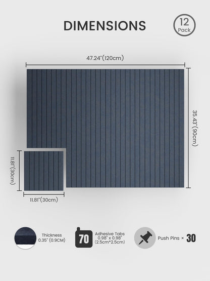 Bumusty Large Cork Board Alternative-48 x 36" Felt Bulletin Board Tiles, with 30 Pushpins, 70 Adhesive Tabs, Fine-Stripe 12-Pack, Cork Boards for Office Push Pin Board-Deep Charcoal Blue