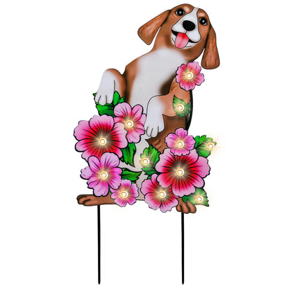 WONDER GARDEN Decorative Garden Stakes - Lighted Dog and Flower Yard Sign Stakes Spring Signs for Outdoor, Porch, Yard,Flower Bed Decor (Battery Operated)