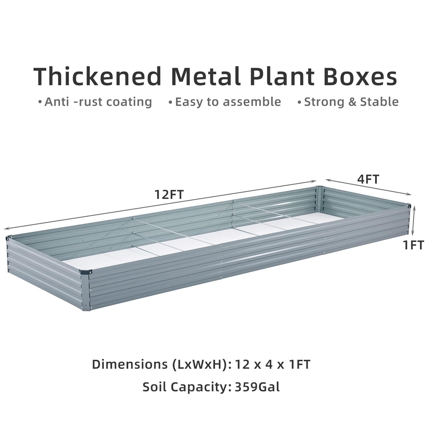 Meberam 2 Pack 12x4x1FT Galvanized Raised Garden Beds Kit Outdoor Metal Gardening Planter Box for Vegetable Elevated Flower Herbs,Gray