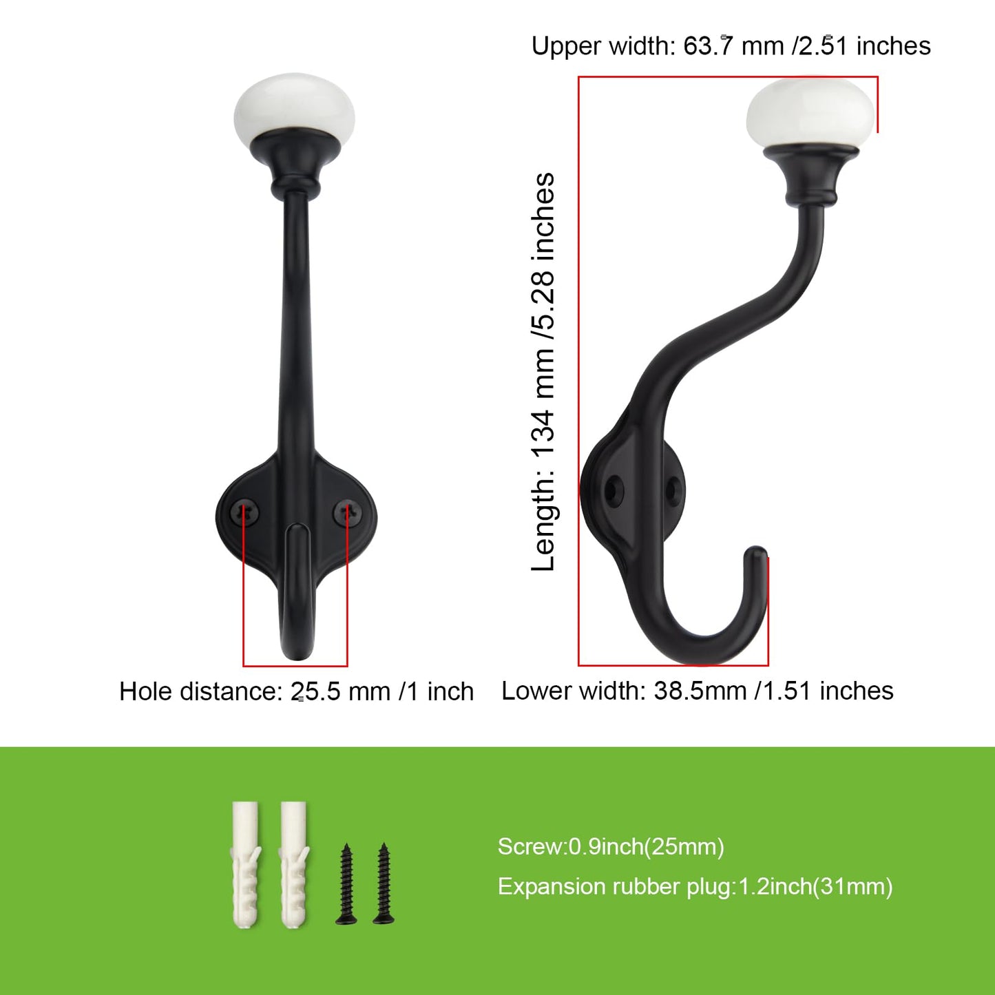 CHIVS Coat Hooks- 5 Pack Matte Black Wall Hooks, Ceramic Coat Hooks, Decorative Wall Mounted Towel Hanger, zinc Double Prong Hook for Hanging Clothes, Keys, Hats, Backpacks