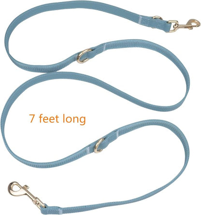 Multifunctional Reflective Leather Dog Collar and Leash Set 7FT, Easy to Clean Leather Leash Collar with Gold Metal Buckle(L, Grey Blue)