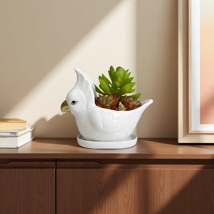 YANGMEI Ceramic Bird Planter Pot with Saucer, Drainage Hole Design, Cute Animal Succulent Pot for Indoor/Outdoor, Great Gift for Plant Lovers, Home Garden & Office Décor（White）