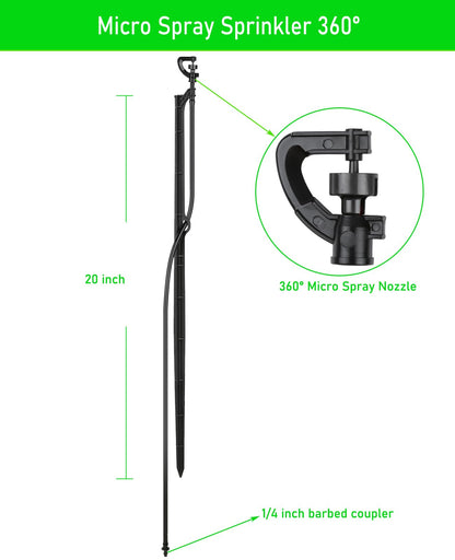 Drip Irrigation Micro Spray Emiters: 180° 360° and Rectangular Sprinkler Nozzles 3 pcs Each, with 1/4-Inch Tubing and Barbed Inlet on 20-Inch High Stake 9 pcs