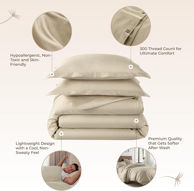 100% Organic Cotton Duvet Cover Queen Size - Naturally Soft Lightweight & Cooling Duvet Cover Set with Decorative Shams - Premium GOTS Certified 300 Thread Count Sateen Weave (Dune, Queen)