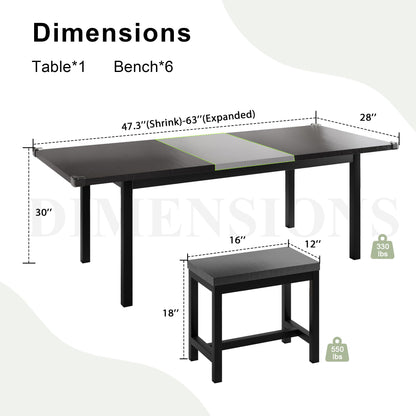 Feonase 7-Piece Dining Table Set for 4-8, 63" Large Extendable Kitchen Table Set with 6 Stools, Modern Dining Room Table with Heavy-Duty Frame, Easy Assembly, Gray