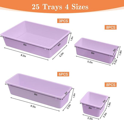 SpaceHacks 25 PCS Plastic Drawer Organizer Set, 4-Size Versatile Organizer Trays & storage Bins for Makeup, Jewelry, and Gadgets in Bathroom, Bedroom and Office, Purple