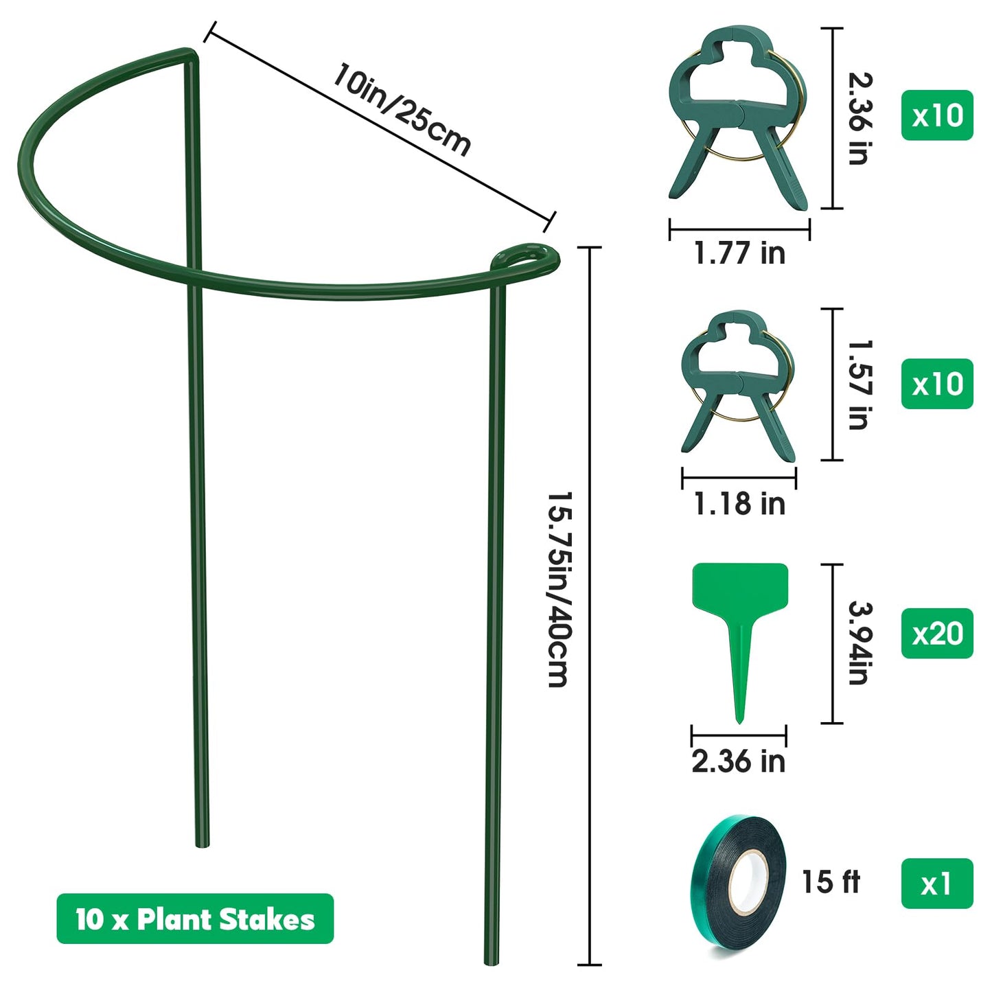 Unves 10 Pack Plant Support Stakes, 10" W x 16" H Half Round Peony Cages and Supports, Metal Peony Cage Plant Ring for Outdoor Plants Tomato Flower Vine, with Garden Labels, Clips and Ties