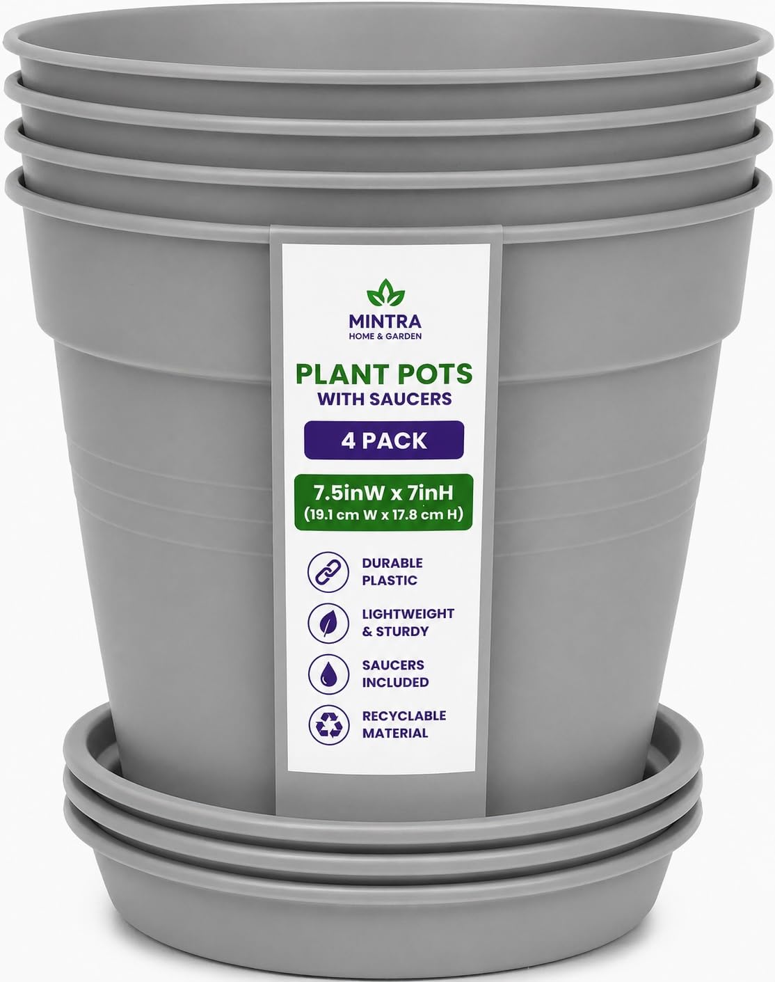 Mintra Garden Pots, 4 Pack Bulk Plastic Plant Pots with Drainage Tray, Round Indoor & Outdoor Decorative Planters with Drain Holes for Flowers, Herbs & Plants, 19cm Diameter – Grey, 7.5 in
