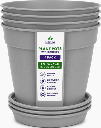 Mintra Garden Pots, 4 Pack Bulk Plastic Plant Pots with Drainage Tray, Round Indoor & Outdoor Decorative Planters with Drain Holes for Flowers, Herbs & Plants, 19cm Diameter – Grey, 7.5 in