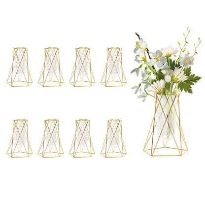 Hyuetrsa 8 Pcs Gold Geometric Vases for Centerpieces, 6.3 Inch Metal Flower Stand with Glass Vase Hydroponic Plant Test Tube Vases Modern Vase for Wedding Home Decor