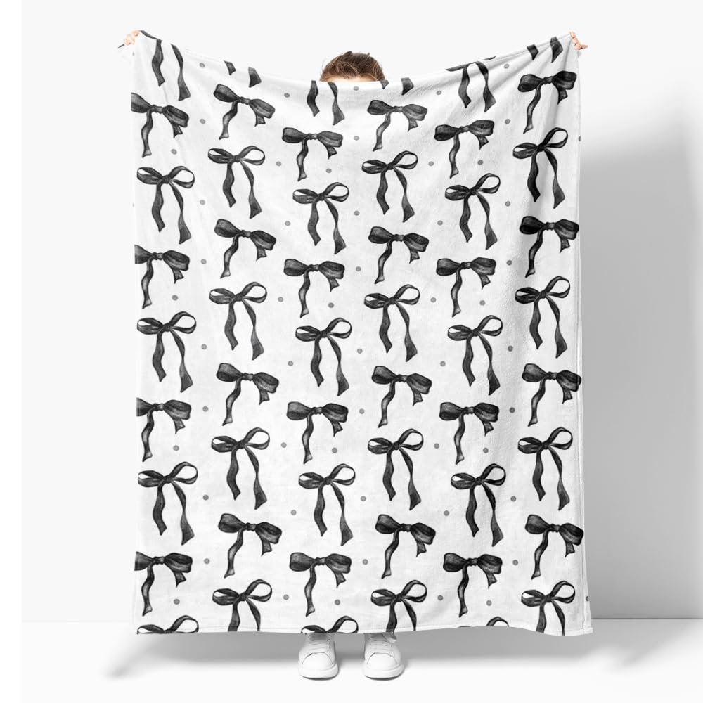Reateforin Black and White Bows Throw Blankets Black Bow Preppy Blanket Coquette Flannel Soft Cute Bow Aesthetic Classroom Room Decor for Sofa Couch Travel Bed Christmas Halloween Decoration 30"x40"