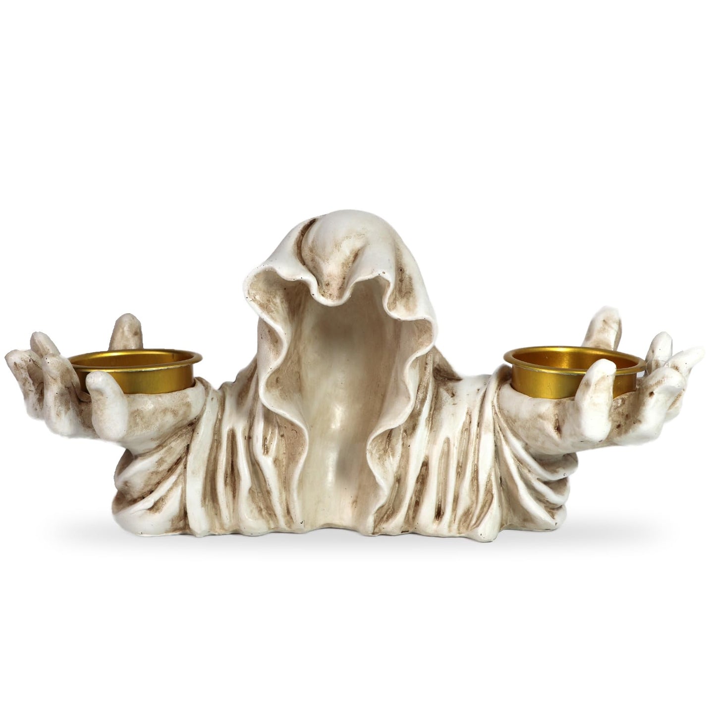 Halloween Ghost Tealight Candle Holder, Resin Gothic Candle Stand for Tabletop, White and Blue Scary Decorative Candlestick, Spooky Tea Light Holder for Haunted House, Gothic Decor (White)
