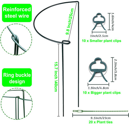 8 Pack Half Round Plant Support Stakes, Green Metal Garden Plant Supports, 9.8”W x15.7”H Plant Support Rings with 20 Pcs Plant Clips for Indoor Outdoor Plants