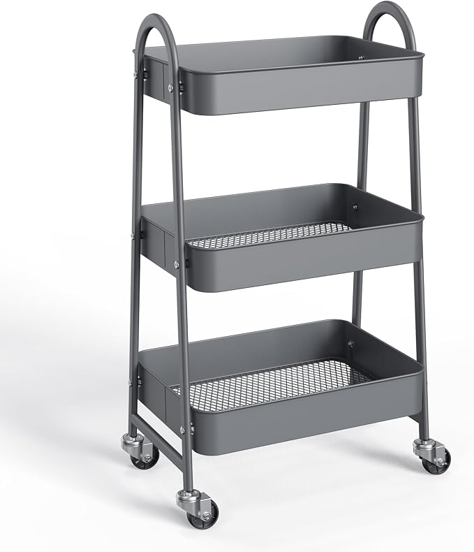 NEWBULIG 3-Tier Metal Rolling Cart with Lockable Wheels, Heavy Duty Mobile Utility Storage Shelf, Roller Book Snack Cart, Organization for Livingroom, Bathroom, Office, Grey